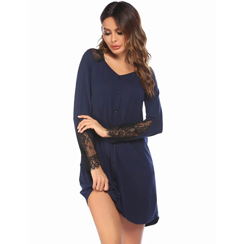 

Ladies New Lace V-Neck Simple Button Stitching Solid Color Plus Size Pajamas Nightgown Nightdress