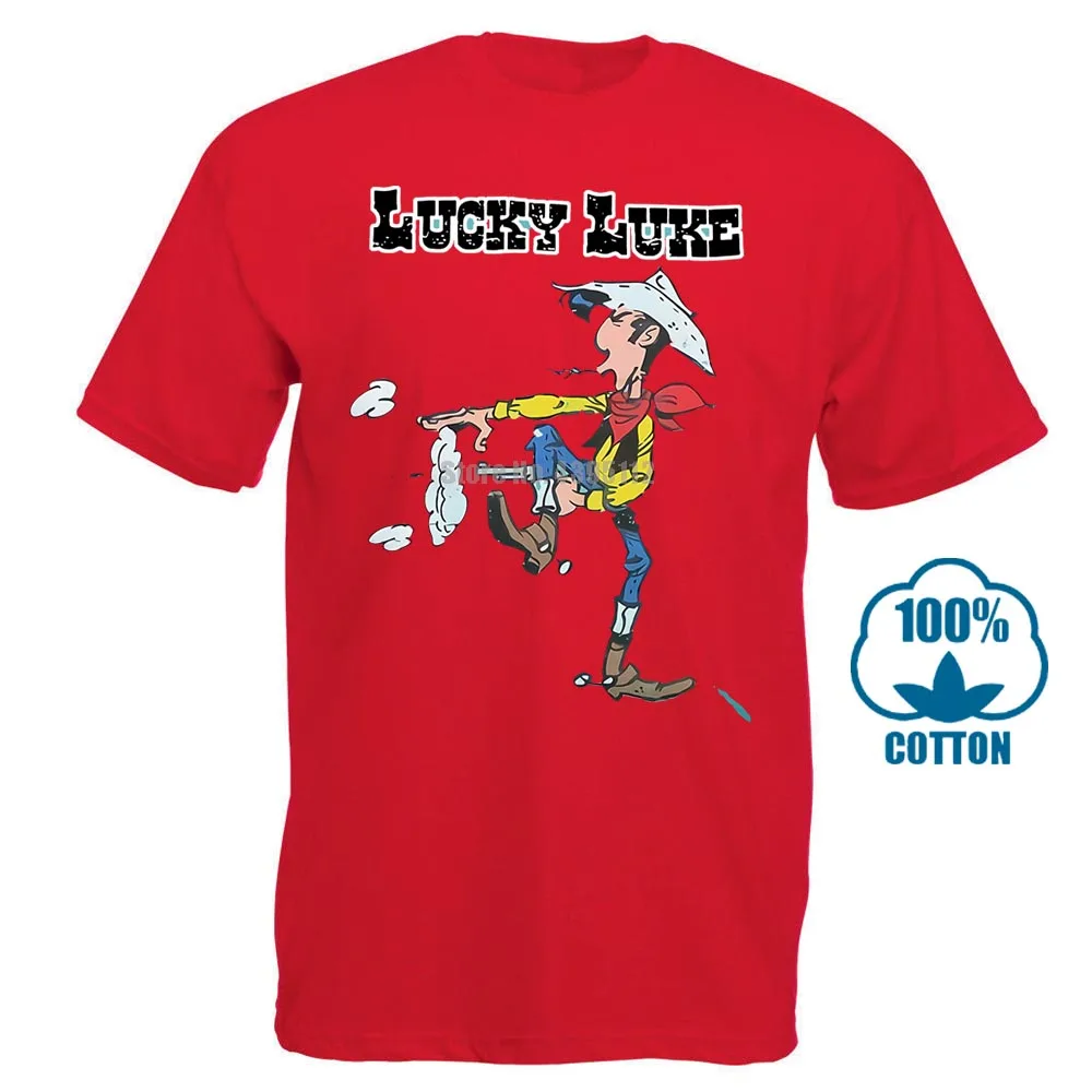 Красный Lucky Luke Comics ковбой Уайлдер Вестерн Прохладный Лето Мужская Новая футболка Личность граффити - Цвет: Красный