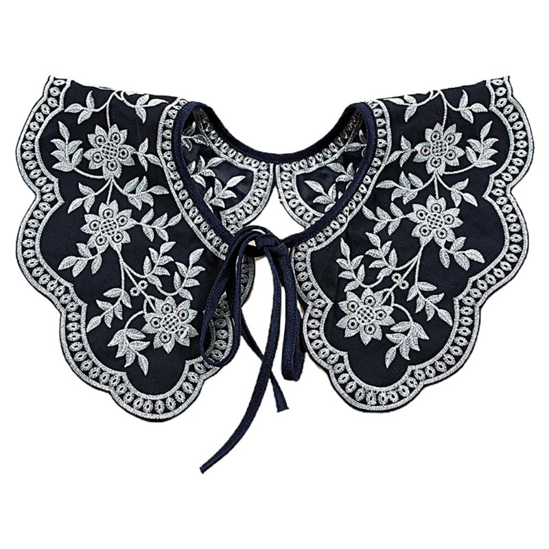 

Jacquard Embroidery Floral False Fake Collar Elegant Vintage Lace-Up Ribbon Big Shawl Necklace Short Poncho Capelet