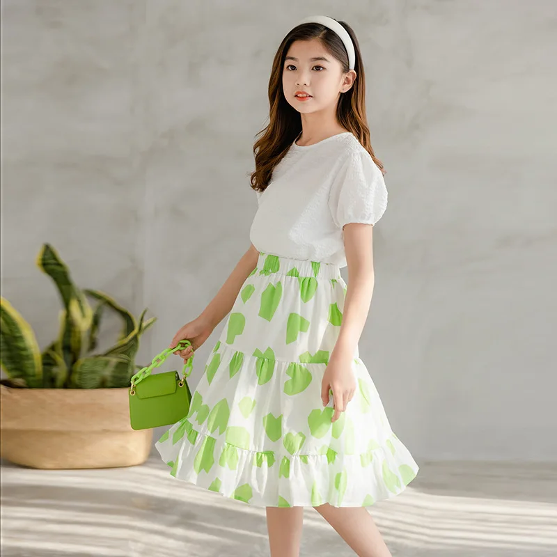 

Kids Clothes Sets Girl Summer White T-Shirt Tops + Dot Long Skirts 2 Pcs Set Teenage Children Clothing Suits 4 6 8 10 12 14 16