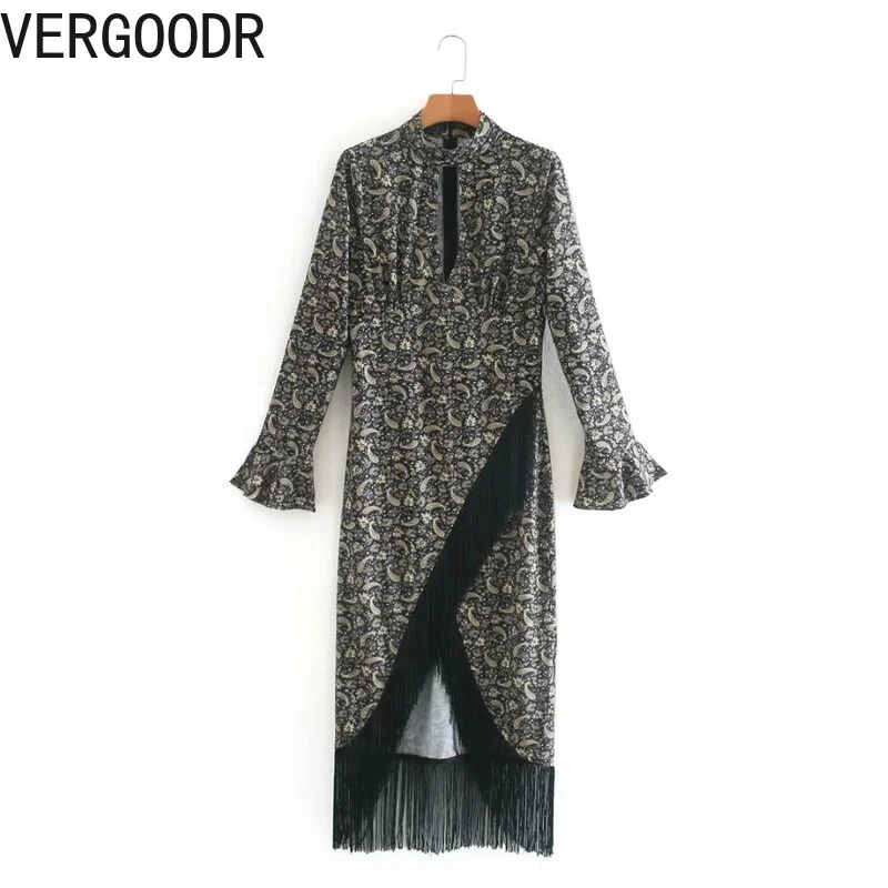 

Summer Women's Dress Bohemian Fashion Runway Big Trumpet Sleeve High Waist Vintage Fringed Printed Loose Long Dresses Female