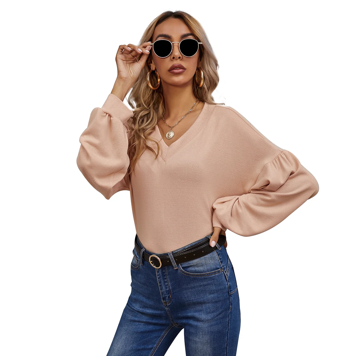 Autumn and Winter Leisure Slim Solid Color V-neck Slim Long-sleeved Women's Blouse