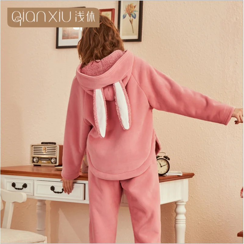 Winter Women Causal Loosen Pajama sets Female Thick Warm Lambs Sleepwear suit Long Sleeve Hoodie collar Coat &amp Pants | Женская одежда