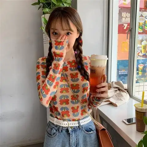 long sleeve T-shirt Летняя каваи Сетчатая футболка с длинными рукавами, с цветочным принтом, сексуальная прозрачная пляжная женская футболка, XXL - Цвет: long sleeve T-shirt