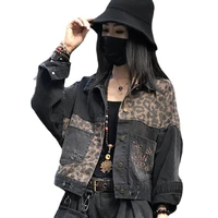 vintage black leopard women denim jacket spring harajuku punk jean jackets coat boyfriend loose pocket fashion streetwear