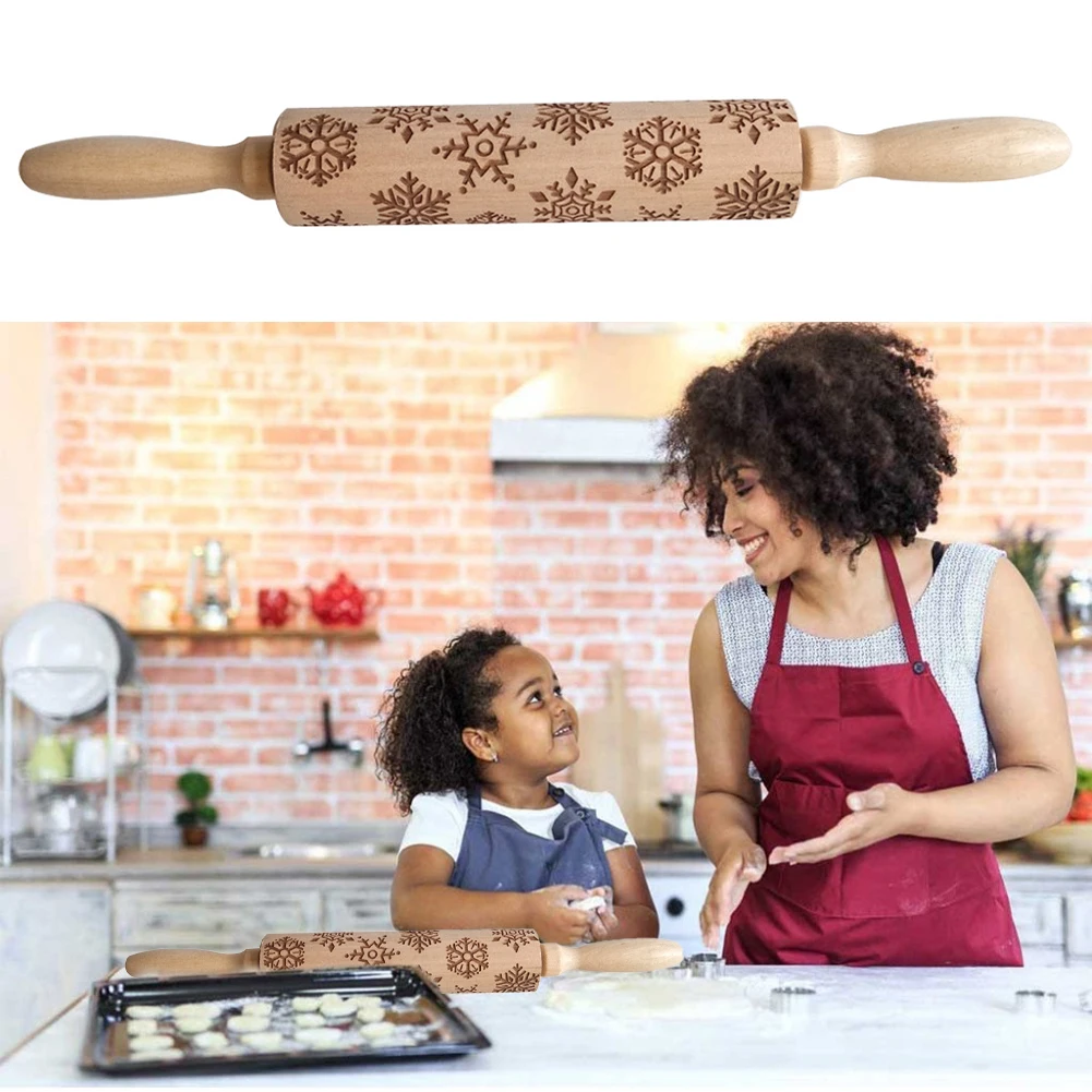 

Christmas Rolling Pin Wooden Christmas Engraved Carved Embossing Rolling Pin Dough Stick Baking Kitchen Pastry Tool