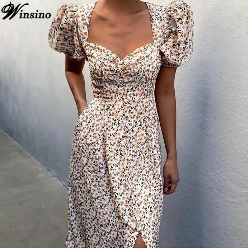 

Summer Midi Dress Puff Short Sleeve Women Vintage V Neck White Floral Print French Style Sundress Sexy Slit Party Dresses 2021