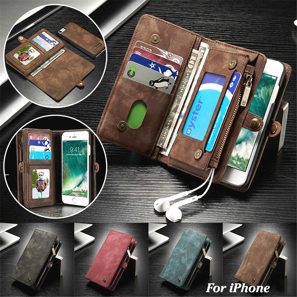 CaseMe Магнитный чехол кошелек из натуральной кожи на молнии для iPhone 12 Mini 11 Pro XS Max XR X