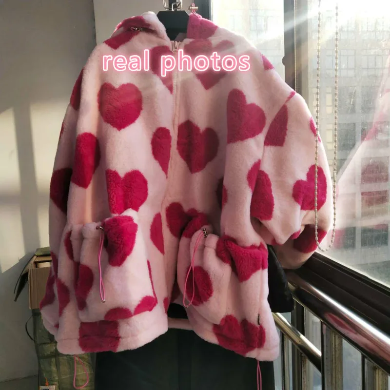 Fashion Love Printed Plush Jacket Ladies Lamb Plush Winter 2022 New Korea Oversize Loose Long-sleeved Hooded Cotton Jacket