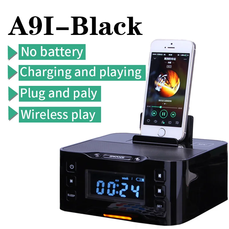 Док-станция А9 с ЖК-подсветкой для micro-USB смартфонов, iPhone 6, любых мобильников(USB-А разъем). Bluetooth-"свободные руки", FM-приемник, USB-флеш плеер, будильник - Цвет: A9i Black