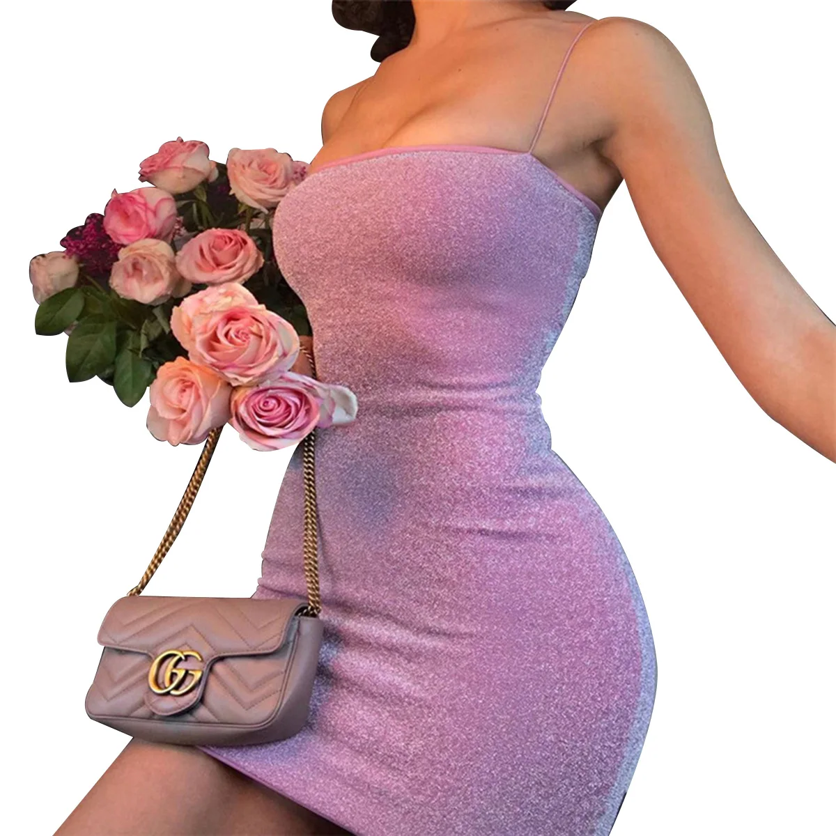 Women Summer Fashion Gold Silk Suspender Dress Sexy Off-shoulder Slim Skirt | Женская одежда