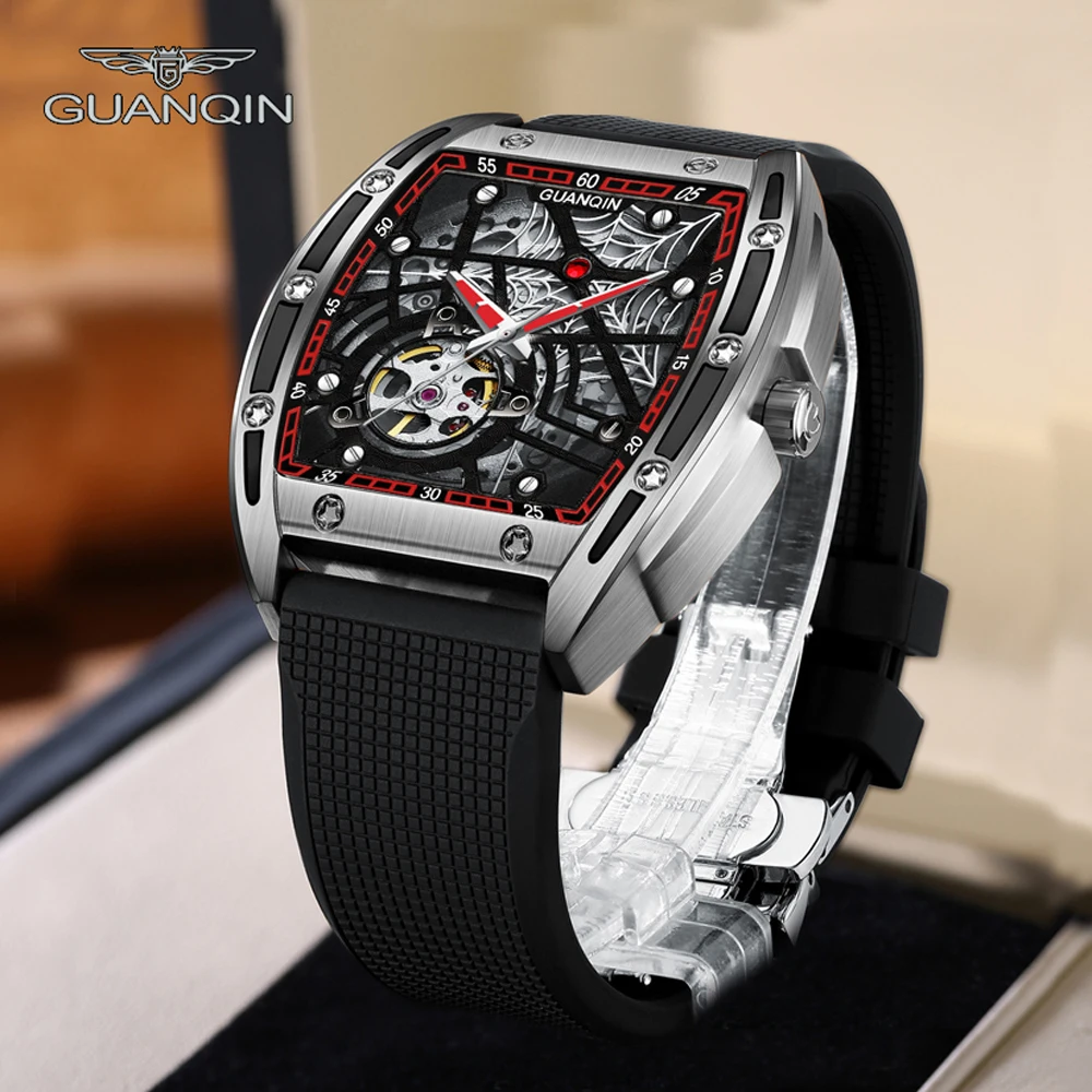 

GUANQIN Steampunk Mens Watches Mechanical Automatic Watch For Men Tonneau Rectangle Skeleton Spider Stainless Steel Reloj Hombre