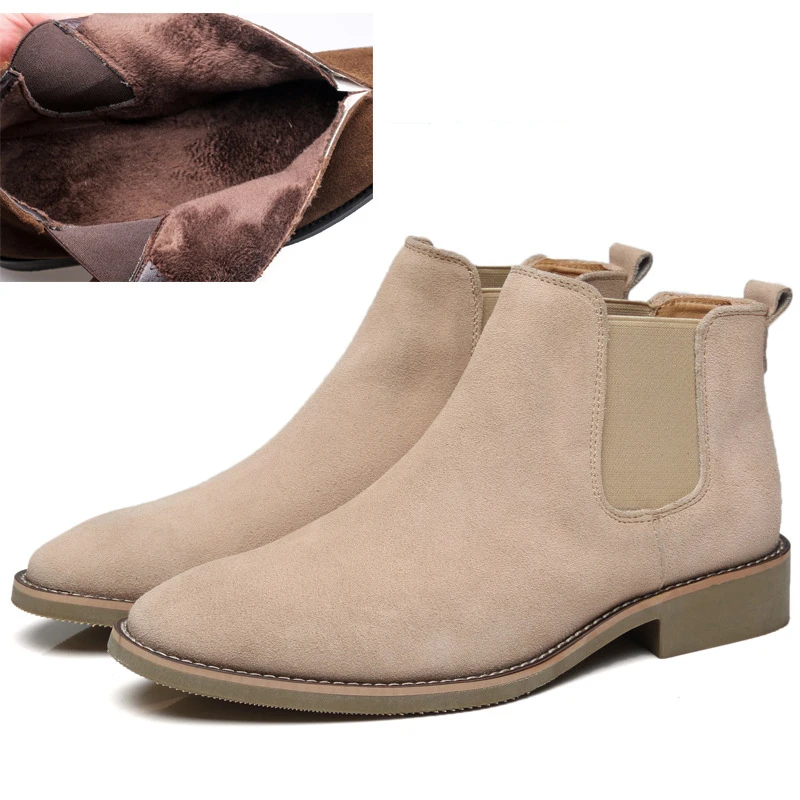 Beige with Fur DESAI/мужские ботинки «Челси»; высокие ботинки из натуральной кожи; Модные Ботинки martin из коровьей замши в английском стиле; бархатные мокасины; мужские ботинки - Цвет: Beige with Fur