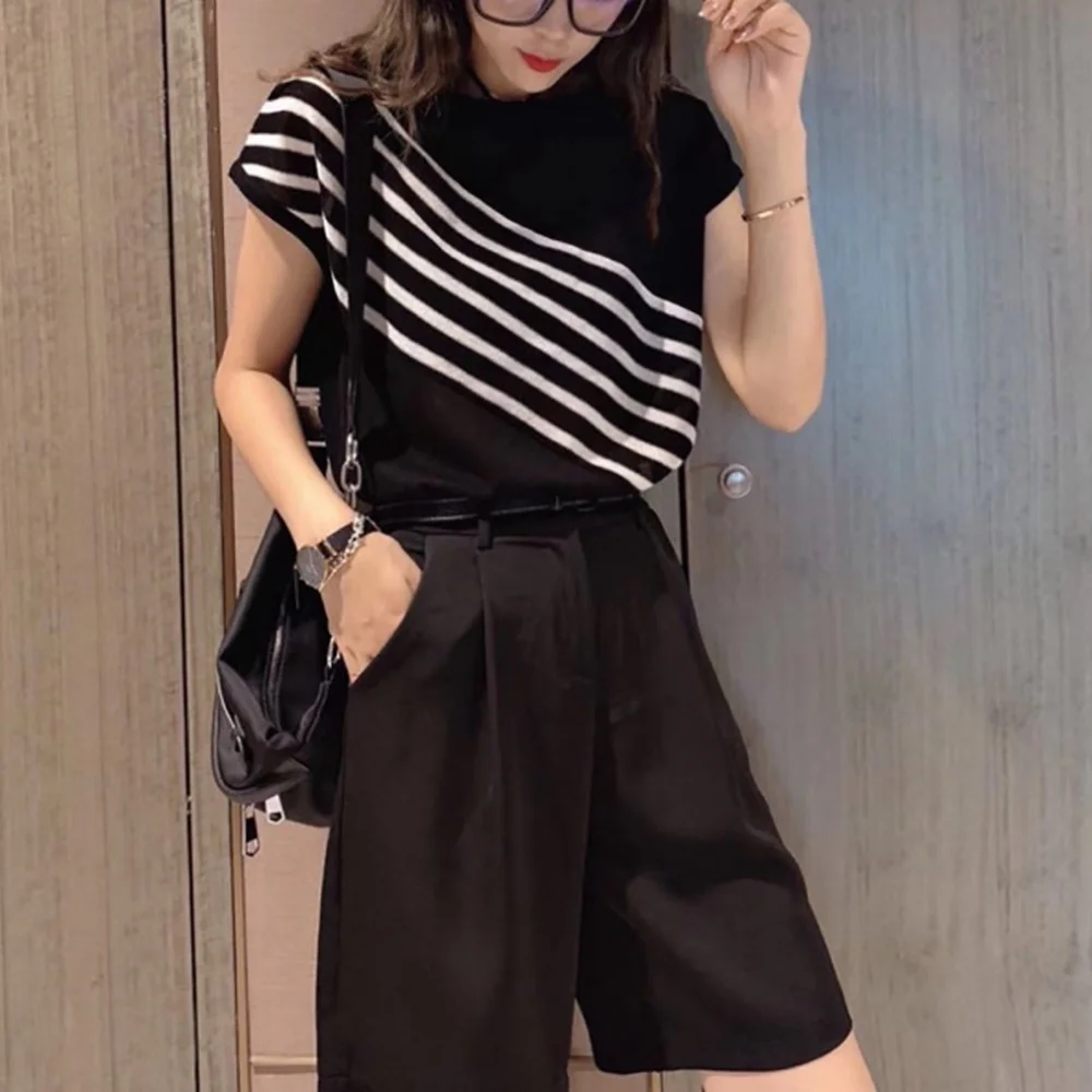 

Fashion Patchwork Plaid Thin Knitted Cotton T Shirt Woman Casual Baggy Loose O-Neck Short Sleeve Tops Summer Clothes For Women