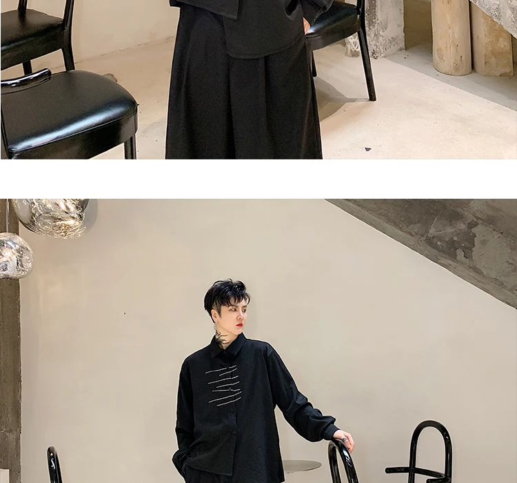 Men Long Sleeve Embroidery Irregular Casual Black White Shirt Male Streetwear Hip Hop Gothic Japan Dress Shirt