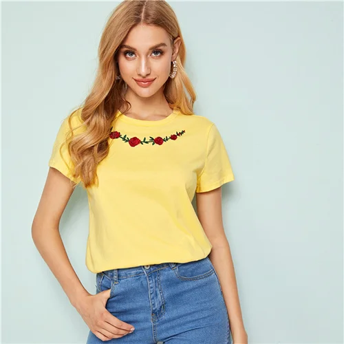 SHEIN женская футболка с вышитым цветочным принтом, женская одежда, топы, Повседневная летняя футболка с круглым вырезом и коротким рукавом - Цвет: Цвет: желтый