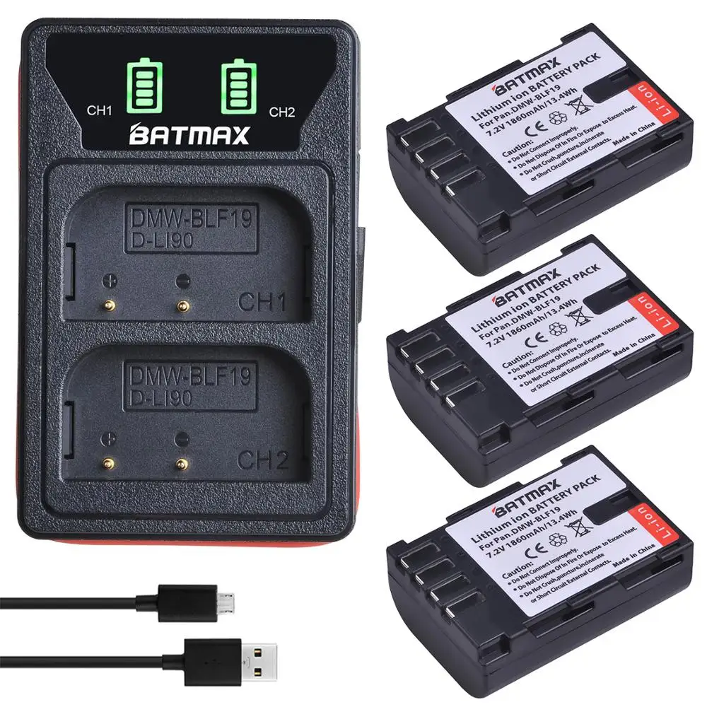 2X 1860 мАч DMW-BLF19E DMW-BLF19 батарея для камеры + LED двойное зарядное устройство USB с портом