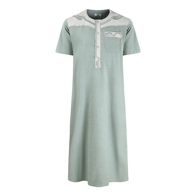 Abaya Dubai Clothes Men Muslim Short Sleeve Robe Fashion Modest Dress Vintage Casual Stitching Kaftan Turkey Islamic Clothing