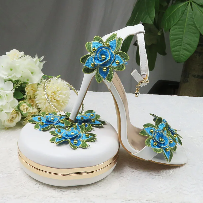 

Flower wedding shoes with matching bags High heels Open Toe Ankle Strap Summer Sandals shoe and bag set High Shoes Woman