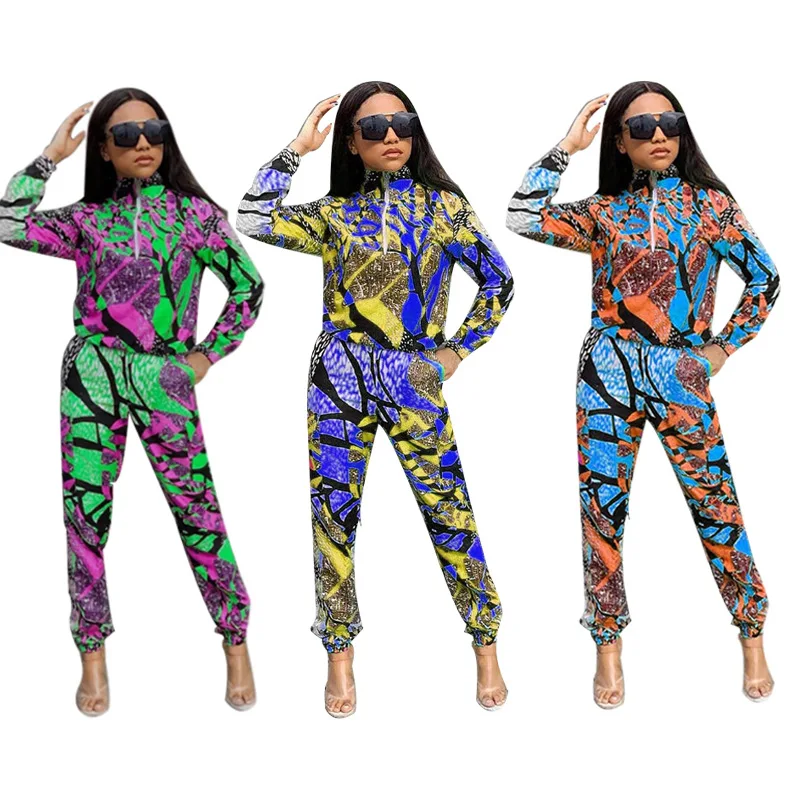 

European and American casual sexy urban women's print stitching two-piece suit