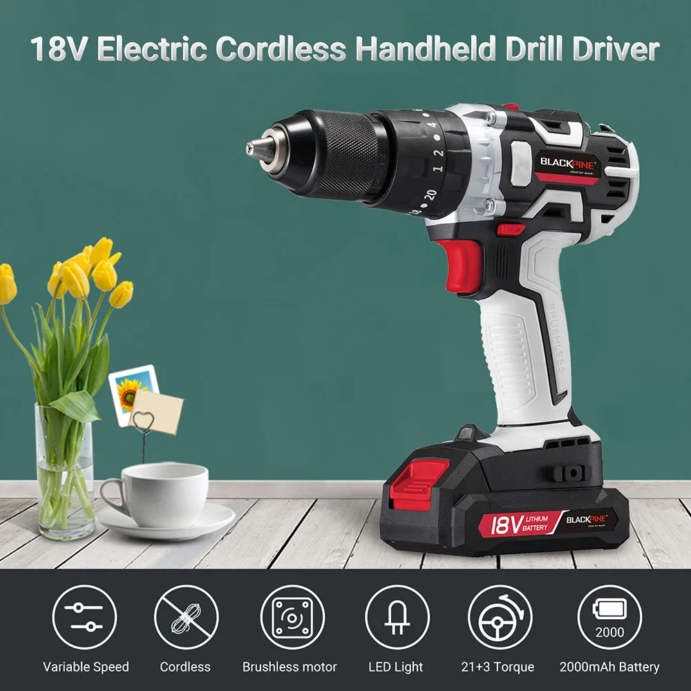 

Cordless Drill Driver Handheld 18V Electric Drill Variable Speed Brushless Drill LED Light 21+3 Torque With Lithium-ion Battery