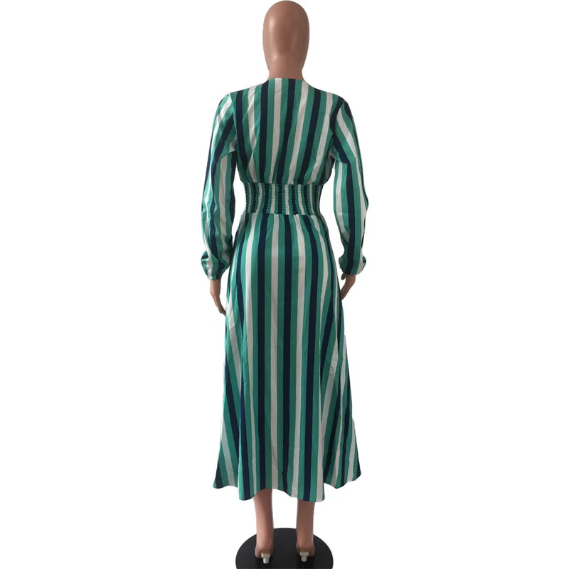 

Triped Empire Drawstring Sexy Dress Women Deep V Neck Slim Fitted Causal Dress 2021 Fall Winter Full Sleeve Elegant Long Dress