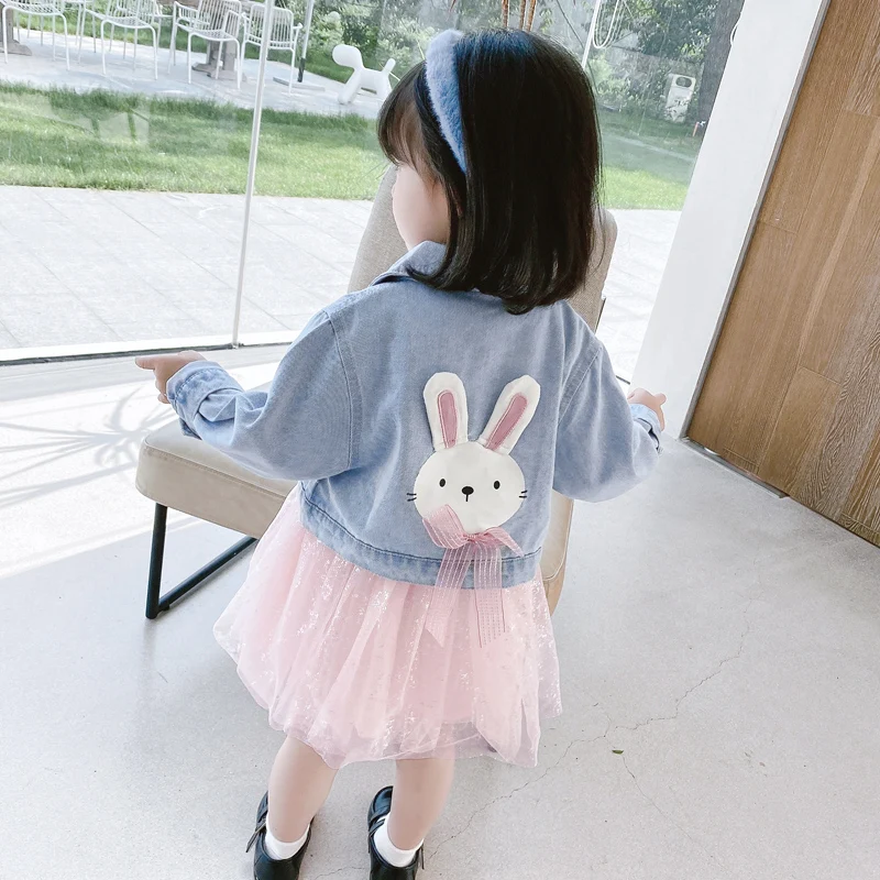 

Casual Baby Girls Clothes Autumn Princess Pink Dress + Cartoon Rabbit Denim Jacket 2pcs Kids Sets Cute Children Outfits Vestidos