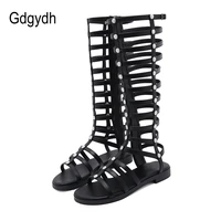 gdgydh summer gladiator sandals women knee high quality leather women sandals strappy open toe hollow out roman style black