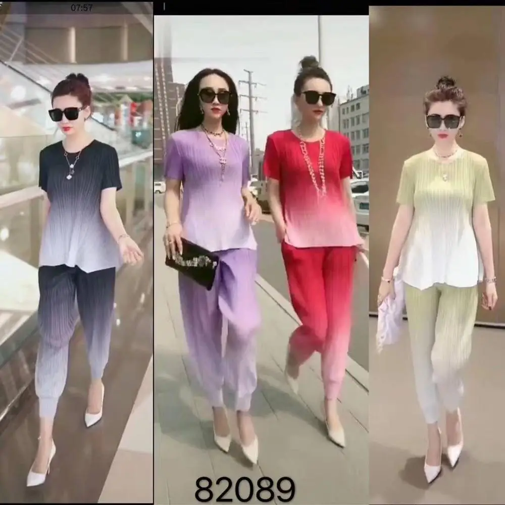 

Горячая Распродажа, новый стиль, футболка с круглым вырезом в складках, шаровары, градиентный комплект из двух предметов, в наличии