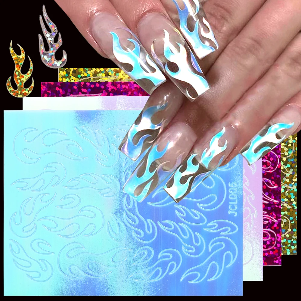 10 шт. голографические наклейки с пламенем для ногтей Лазерная Серебряная лента