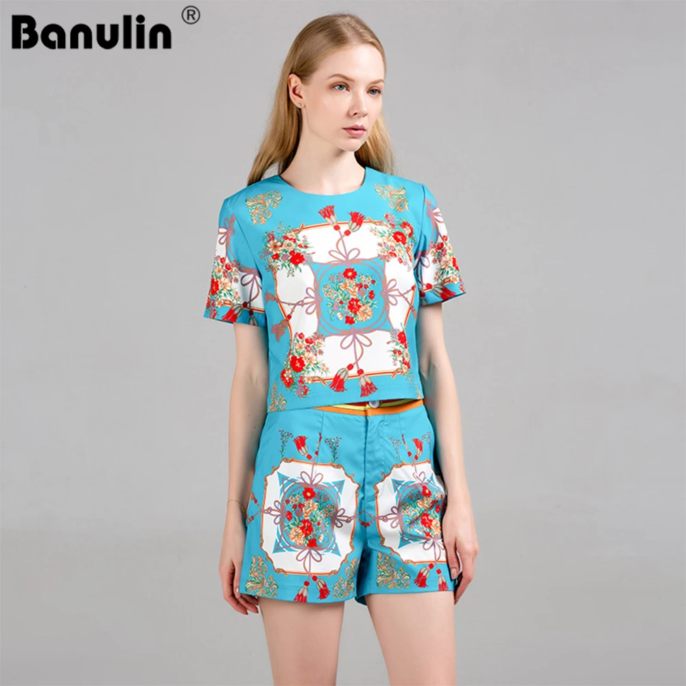 

Banulin Summer Fashion Suits Women's Short Sleeve O-Neck Floral Short Tops Shirt And Vintage Printed Shorts Two Pieces Set
