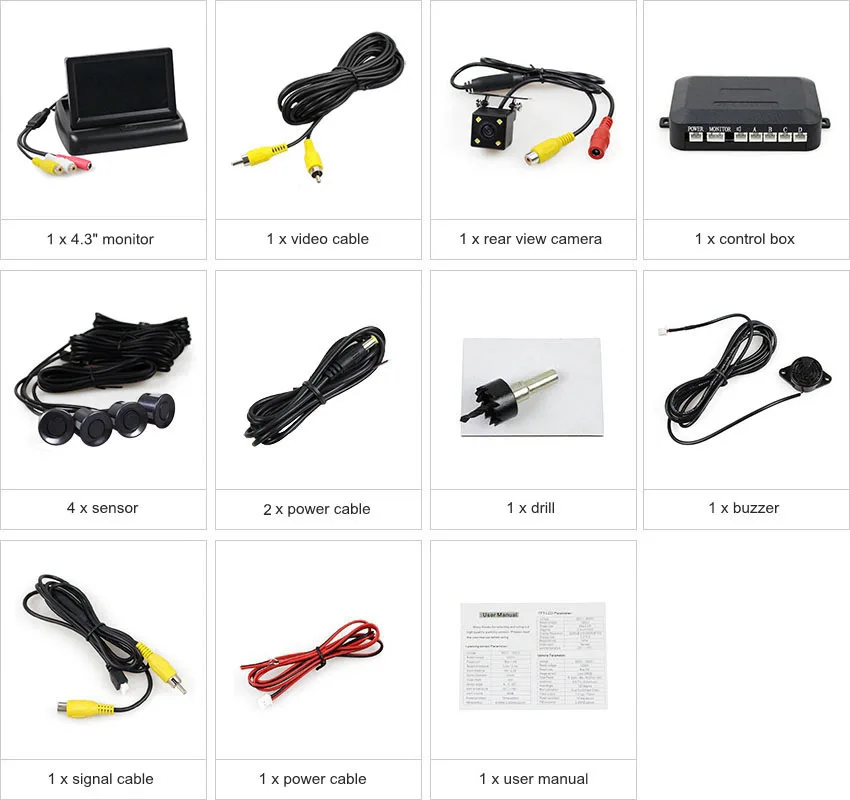 DIYKIT 4 x датчики 4,3 дюймов складной автомобильный монитор заднего вида комплект+ 4 парковочных радара+ камера заднего вида видео-радар для парковки