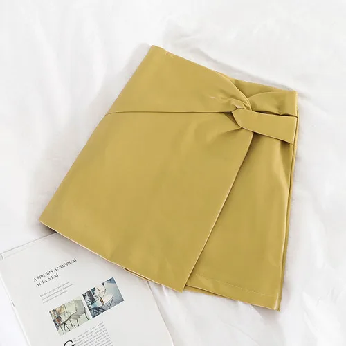 yellow skirt Woherb/элегантная мини-юбка для женщин с высокой талией, однотонные юбки из искусственной кожи в Корейском стиле, модная новинка, Faldas Mujer 90631 - Цвет: yellow skirt