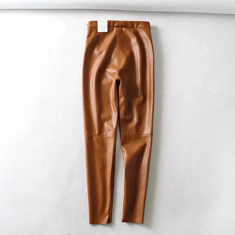 

New Womens PU Skinny Pant Trousers Zoravicky Sexy Slim Leather Pencil Pants High Waist Zipper Winter Warm Sweatpant Brown Black