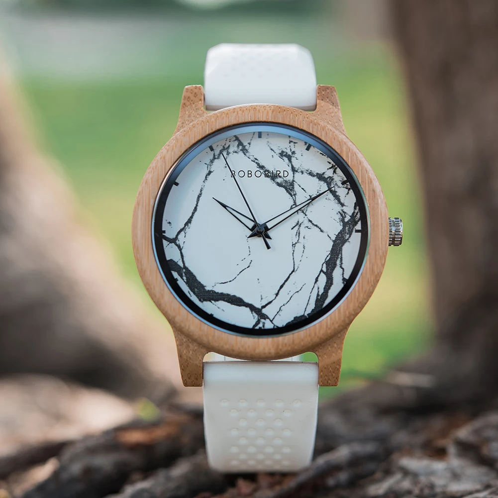 

BOBO BIRD Handmade Wooden Watch Men Women Quartz Wristwatches Marble Literal Silicone Band Clock As Lady Gift reloj mujer In Box