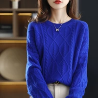 autumn and winter new round neck pure wool sweater women loose lazy wind drop shoulder sleeve twist pure color knitted pullover