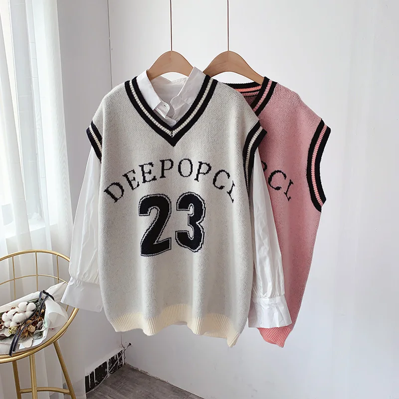 

Жилет женский, свободный, с буквенным принтом, с V-образным вырезом, осень 2020