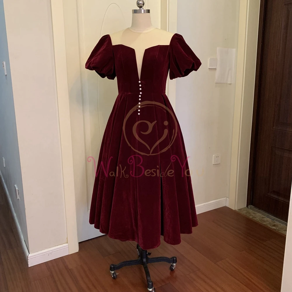 Wine Red Formal Party Prom Dresses Sexy Sheer Sleeve Short Sleeve vestidos de gala Evening Graduation Gowns robe de soiree