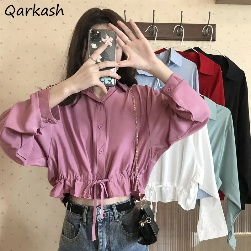 

Блузка женская однотонная короткая с отложным воротником, элегантный укороченный Топ с длинным рукавом, винтажная однобортная верхняя оде...