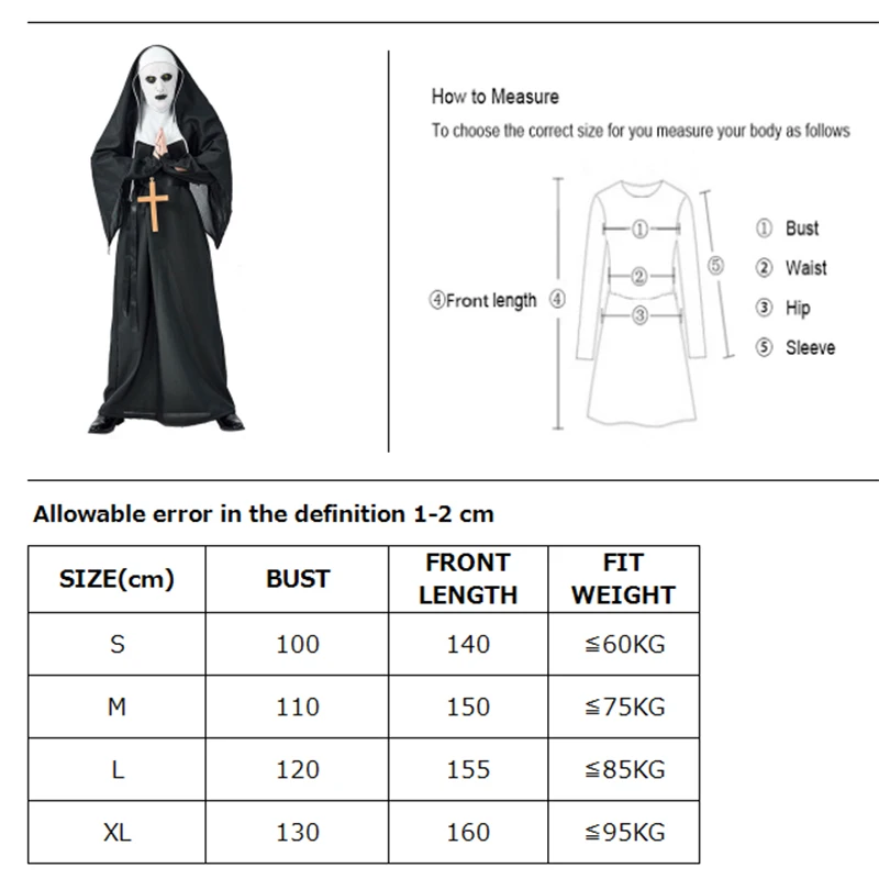

Unisex Adult Horror Nun Priest Costume Convent Church Devil Preacher Cosplay Carnival Halloween Fancy Party Dress