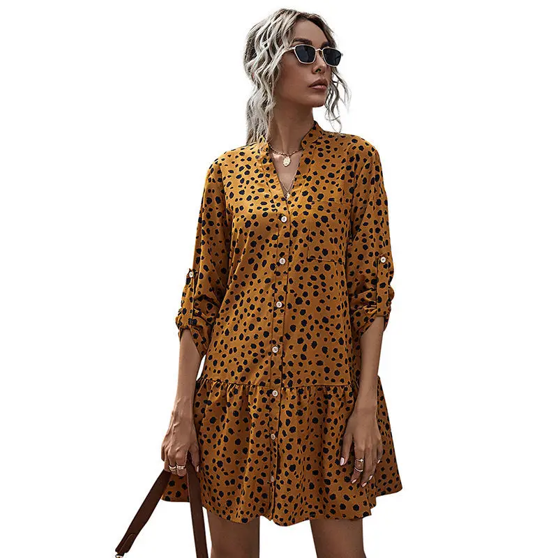 

Hot Sale New Style A-Line Skirt Temperament Lotus Leaf Print Polka Dot Long-Sleeved Autumn And Winter Mid-Length Dress