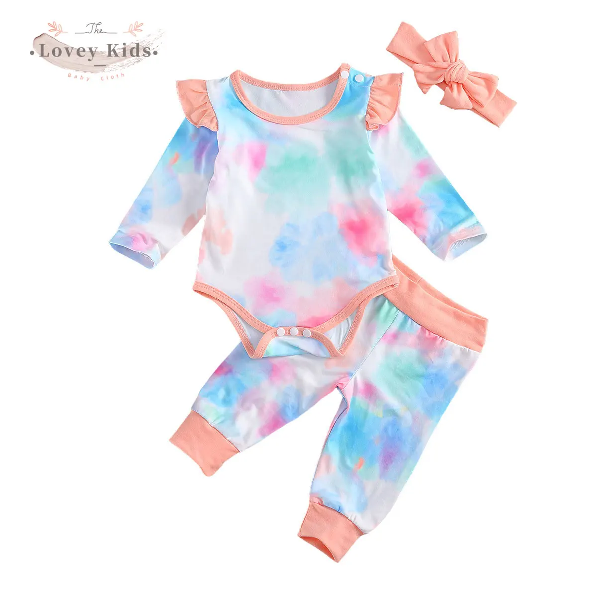 

2020 Autumn Baby Girl Tie Dye Clothes 3PCS Set Long Sleeve Ruffle Bodysuit Pants Headdress Cotton Soft 0-24M Newborn Costume