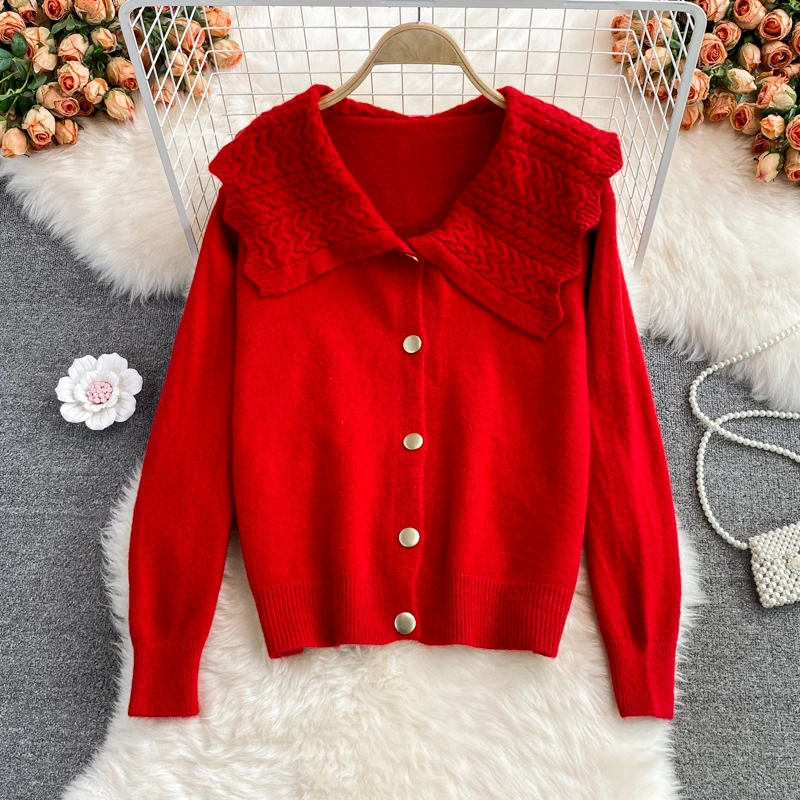 

YIZZHOY Autumn Winter New Women Doll Collar Long Sleeve Coat Loose Large Lapel Knitted Cardigan Sweater Coat