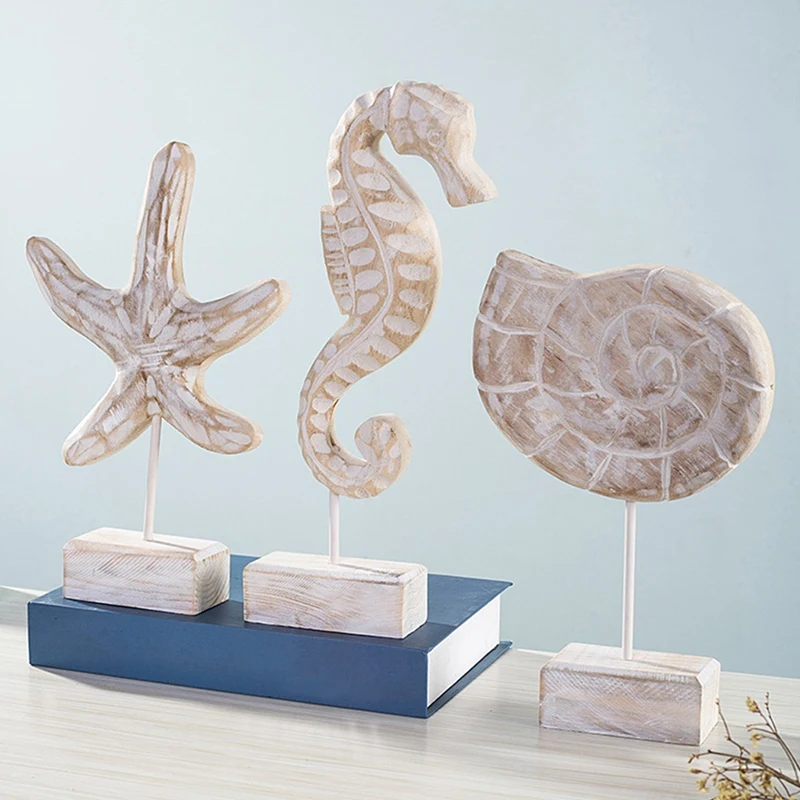 

3PCS Mediterranean Style Starfish Conch Hippocampus Wood Carving Marine Decor Wood Crafts Home Decoration Decoracion CNIM Hot