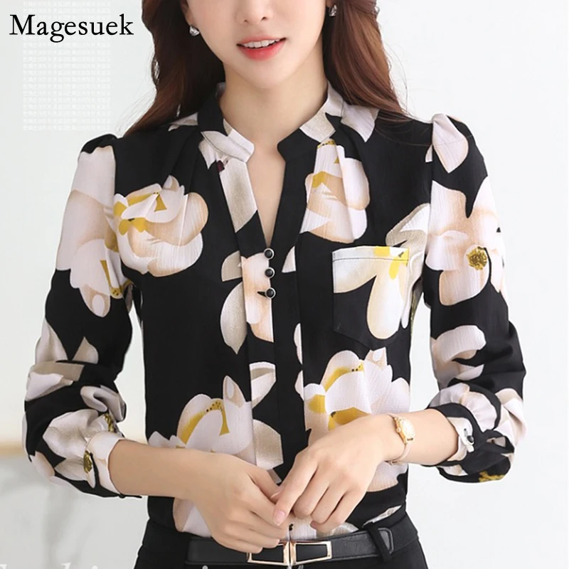 Осенние модные женские блузки с длинным рукавом шифоновая рубашка v-образным