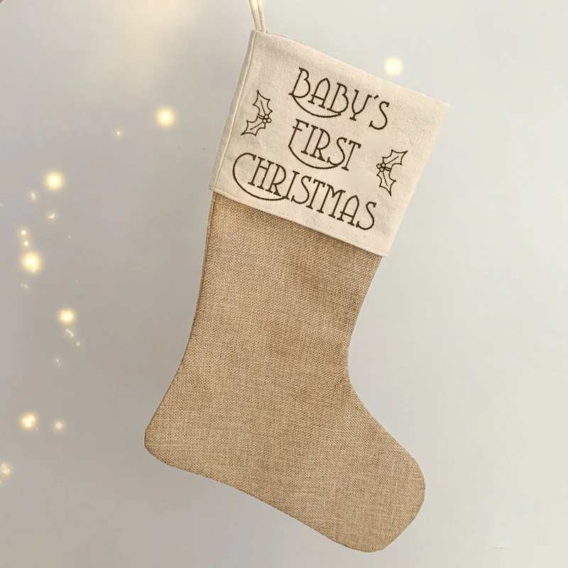 

Baby boy girl first 1st Christmas Stocking Merry Xmas eve Holiday festival rustic country Farmhouse Decoration gift present bag