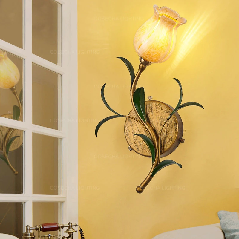 Настенные светильники с цветами и стеклянным оттенком винтажные золотые