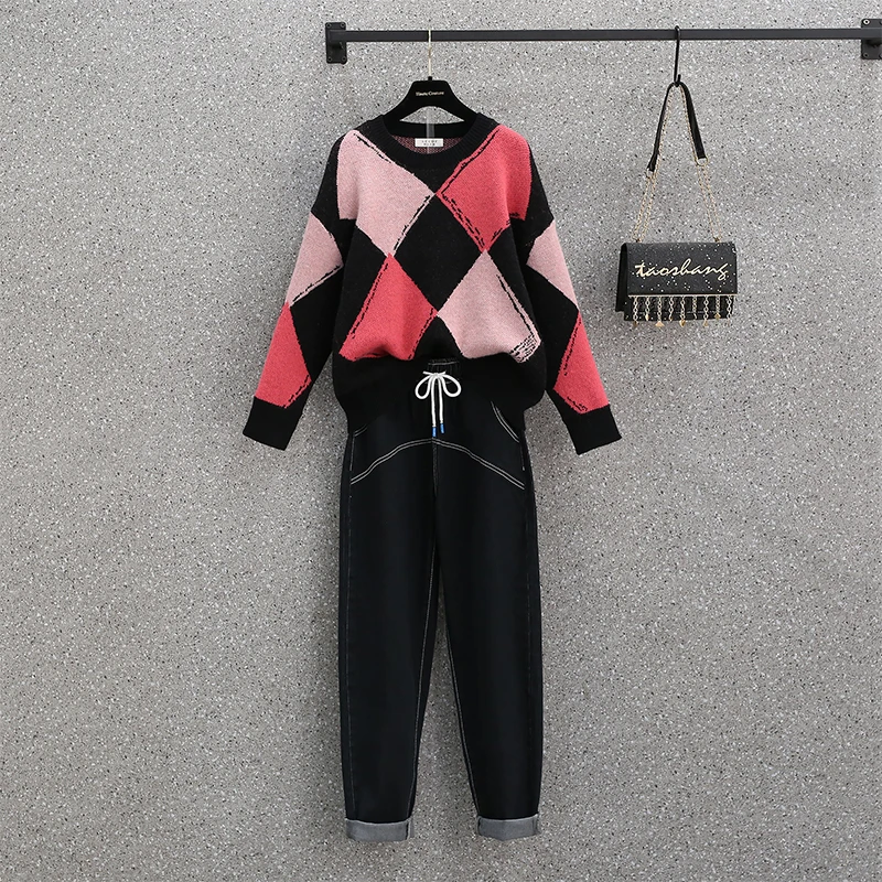 Женский Повседневный Спортивный костюм размера плюс свитер в клетку и джинсовые
