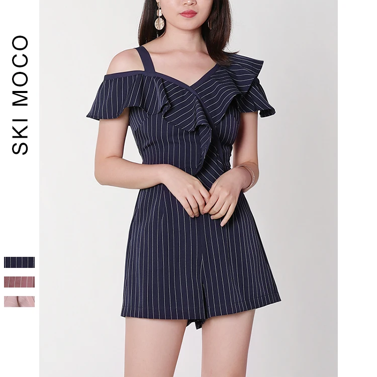 Женский цельный комбинезон с открытыми плечами неровный оборками бодикон