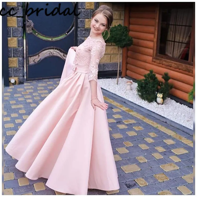 

Two Pieces Pink Prom Dresses 2020 Elegant Long Sleeves Evening Party Gowns For Women With Applique Lace rochii robe de soiree